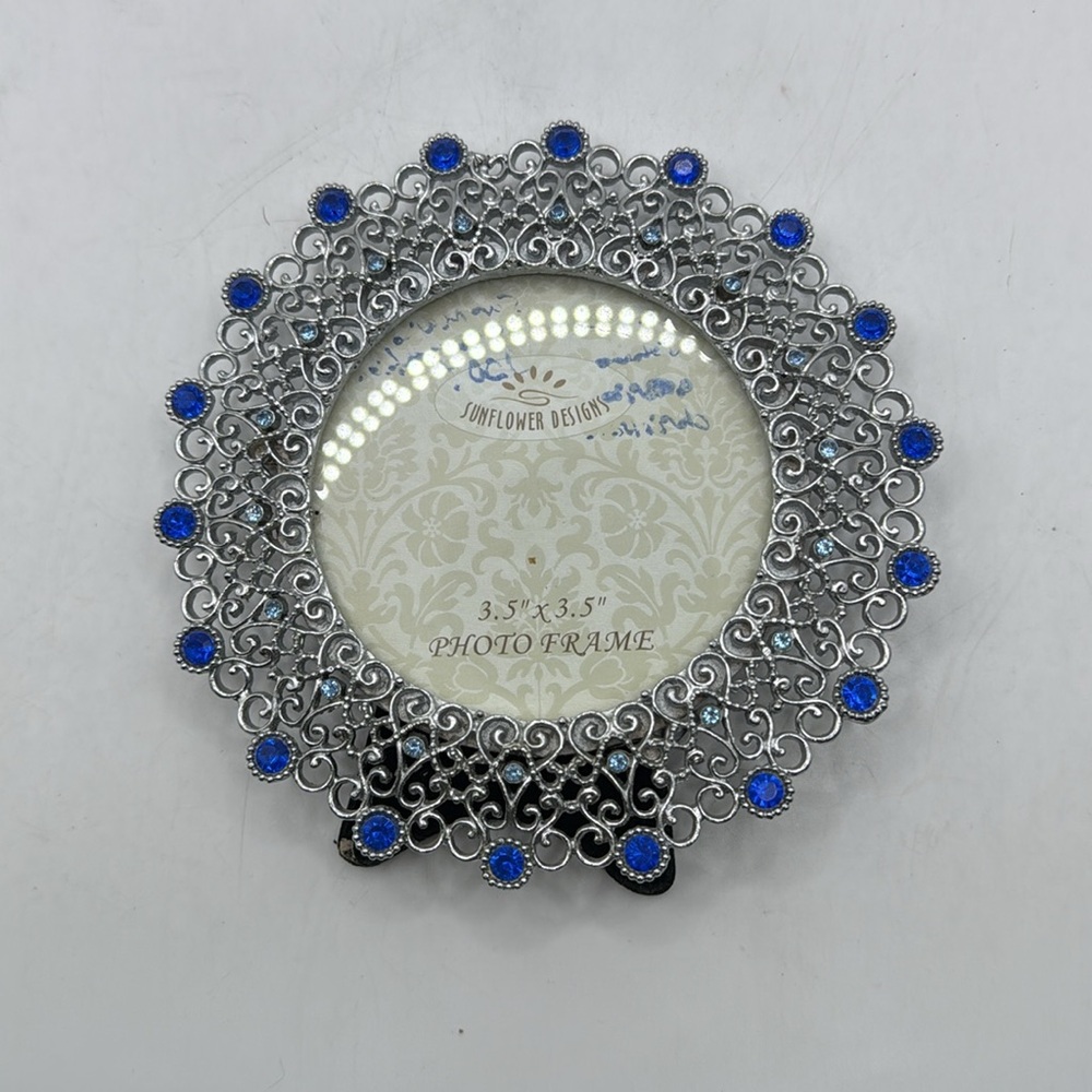 Sunflower Designs Silver Tone Blue Rhinestone Ornate Round Photo Frame